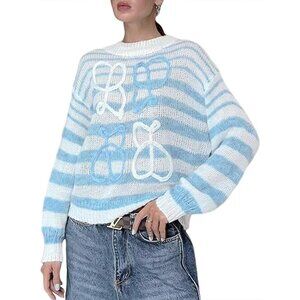 Loewe Women's Blue Anagram Embroidered Striped Mohair-Blend Sweater